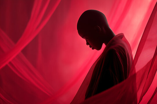 Artistic Silhouette Of Person With Buzz Cut Behind Red Sheer Curtains