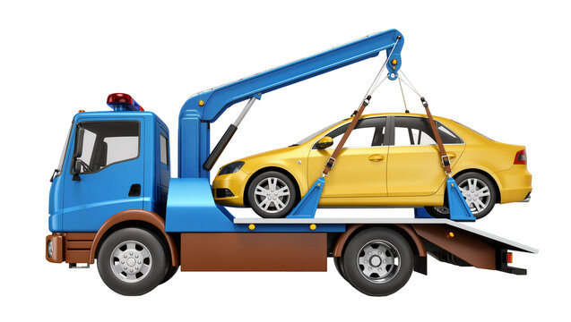 Blue Towing Truck Lifting Yellow Sedan Car with Hook