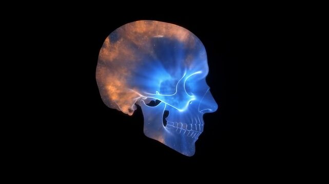 Slow zoom of translucent skull with glowing nebula particles and pulsing light inside on black void background profile view