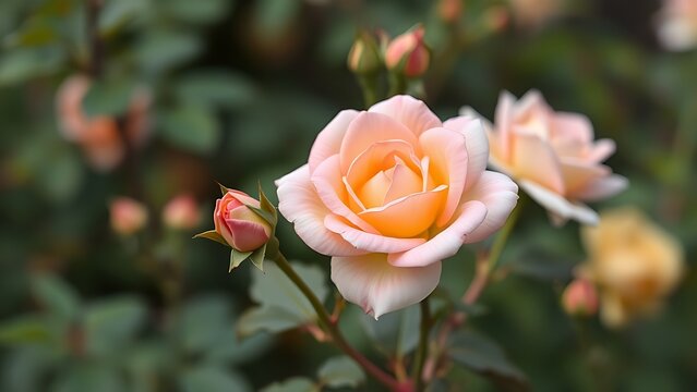 Rose bush with blossoms in pink, yellow, and cream gradients.