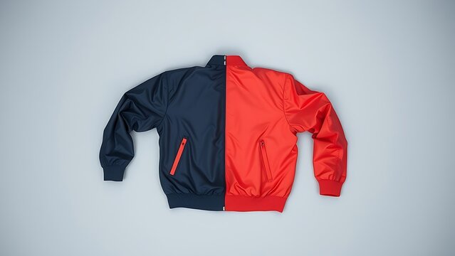 A reversible jacket lying on a plain surface, one side blue and the other red.