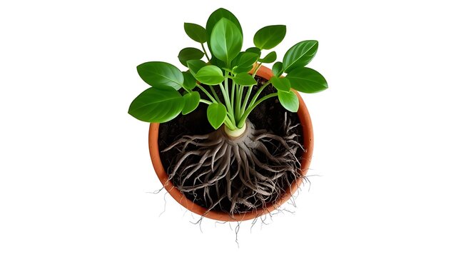 A root-bound plant in a terracotta pot, roots circling inside, top-down view.