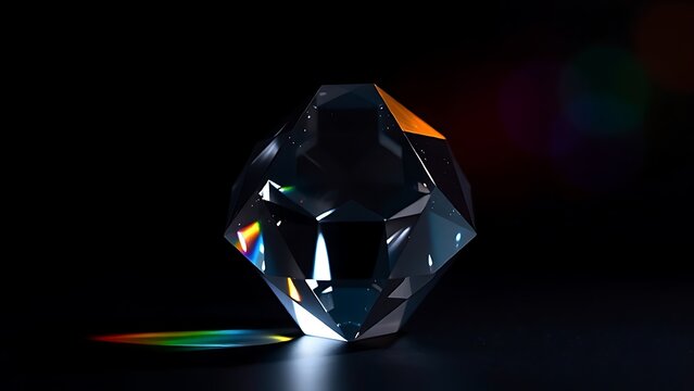 A crystal icosahedron refracting rainbow light on a dark background, clean composition.