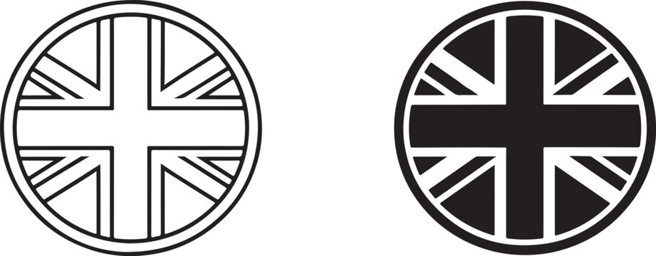 Round United Kingdom flag icon in black silhouette and line art.