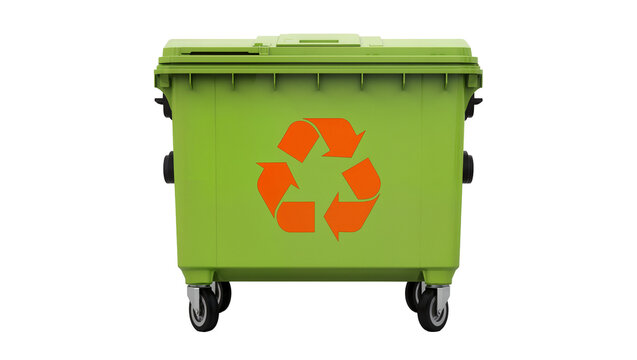 Green plastic recycling bin with orange recycle symbol on wheels
