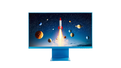 Blue Computer Monitor Displaying Rocket Launch with Planets and Stars © Miguel