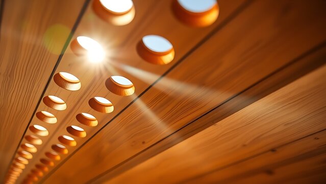 Extreme close-up of wooden soffit with sunlight streaming through holes.