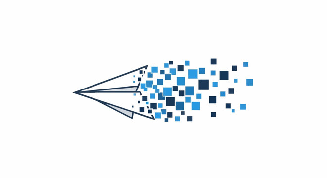 Dynamic graphic of a paper airplane dissolving into a pixelated data stream, symbolizing swift digital communication, information flow, and technological innovation