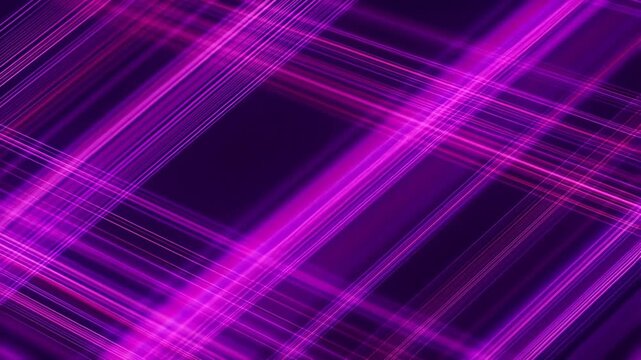 Panning shot of neon light beams crossing and intersecting in abstract geometric grid on dark purple background