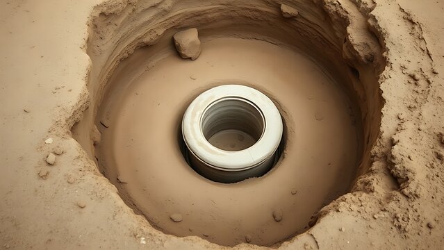An unearthed ancient ceramic latrine at an archaeological dig site.