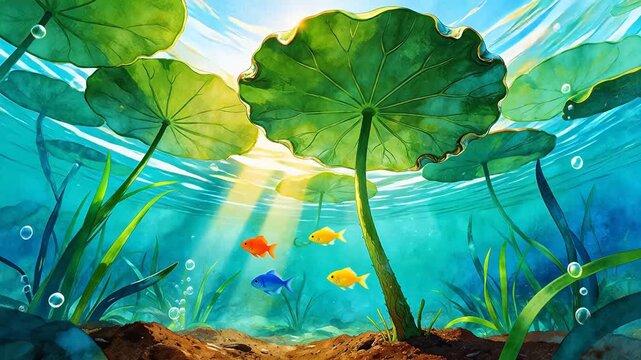 Underwater lily pads and colorful fish