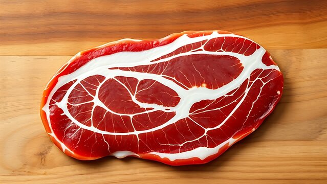 A slice of cured coppa on a wooden cutting board, top-down view.