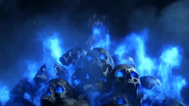 Slow motion tracking dolly of stacked skulls burning with blue flames and smoke in dark atmospheric void with rising embers and glowing eye sockets