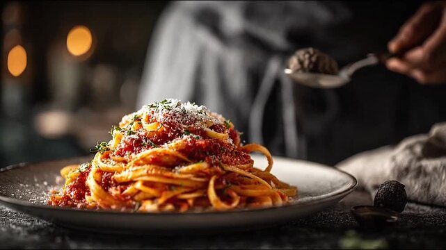 Chef sprinkling parmesan cheese on pasta with truffles