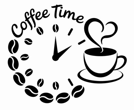 A esign features a clock face made of coffee beans with a steaming cup. The words 'Coffee Time' arc above the clock.