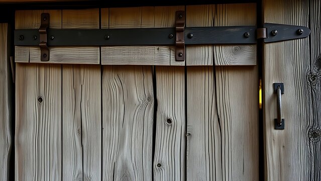 Weathered wooden barn door with aged metal hasps in morning light.