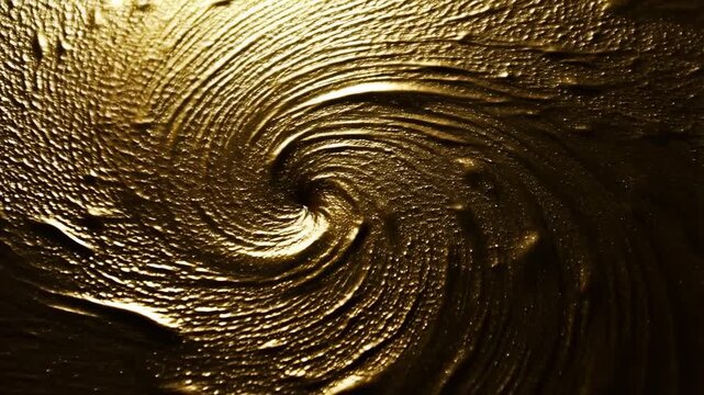 Slow motion tracking shot of swirling gold paint texture on dark tabletop surface in studio close up
