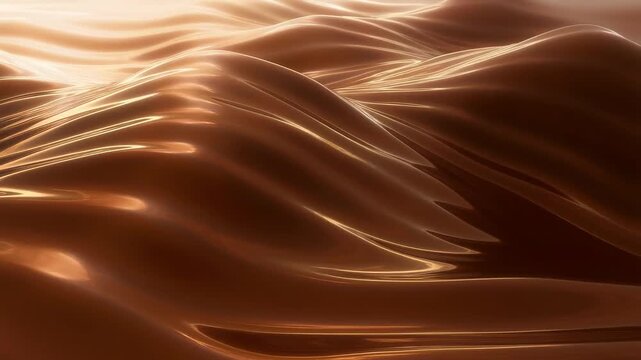 Slow motion tracking shot of molten chocolate waves flowing and shimmering across glossy surface in indoor studio set close up moving forward over liquid folds