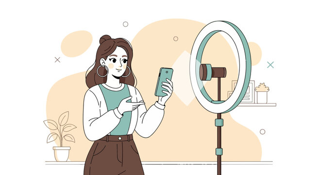 Young woman filming content with ring light and smartphone, influencer setup
