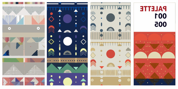 Geometric pattern swatches in varied colors and abstract shapes displayed