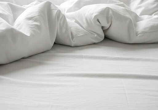 Disheveled white bedding and rumpled sheets create a soft, inviting scene.