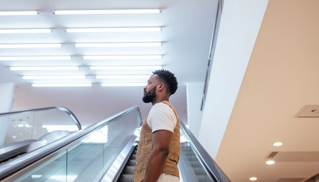 Man on escalator with bright lights.