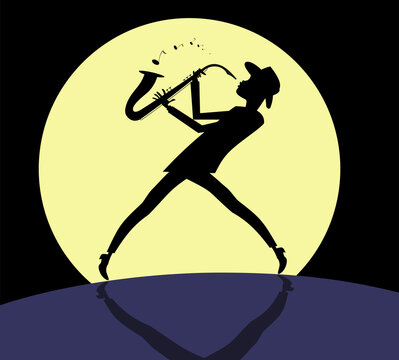 Silhouette of the saxophonist against the full moon background