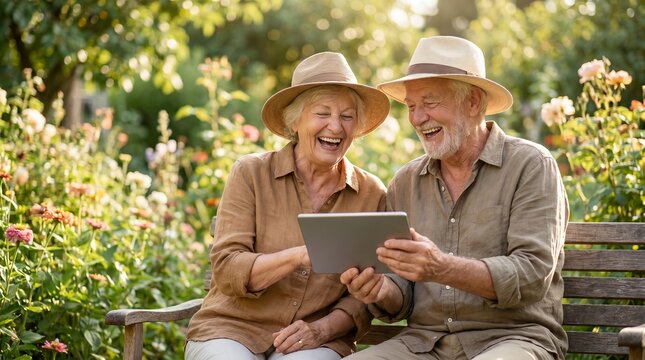 Elderly couple laughing joyfully while looking at a tablet computer together outdoors