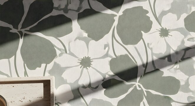 Modern interior design background featuring a sage green floral pattern and sunlight shadows.