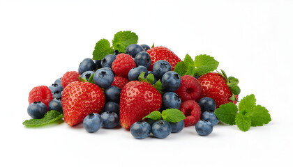 Obraz premium Assorted fresh strawberries blueberries and raspberries with mint leaves.