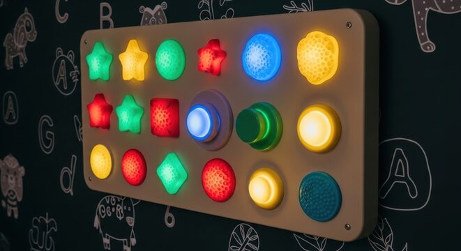 Vibrant interactive learning wall panel with diverse shapes lights and textures for early childhood education and sensory play