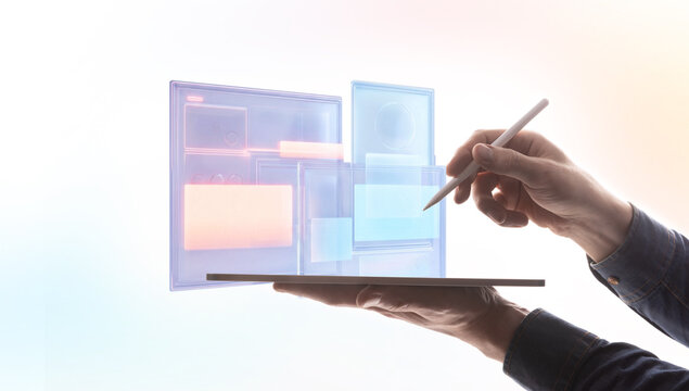 Stylus interacting with holographic interface blocks in modular digital system on clean background. Concept of no code development, flexible architecture, interface building and product customization.