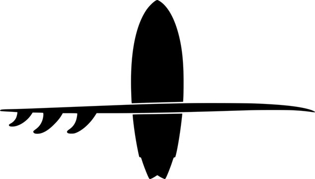 Black silhouette of a surfboard with fins isolated on white background

