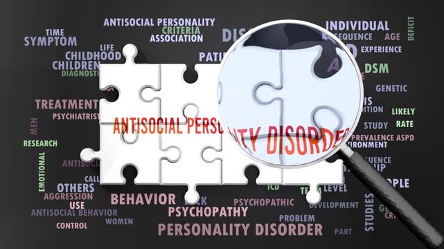 Antisocial Personality Disorder under magnifying glass, being researched and studied. Most important subjects closely related to antisocial personality disorder written around a puzzle.