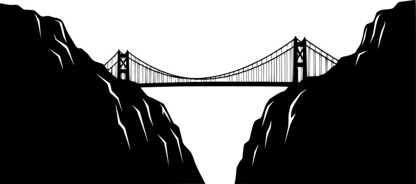 Black silhouette of a suspension bridge between two cliffs on a isolated on white background
