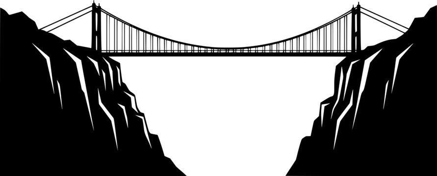 Black silhouette of a suspension bridge between two cliffs on a isolated on white background
