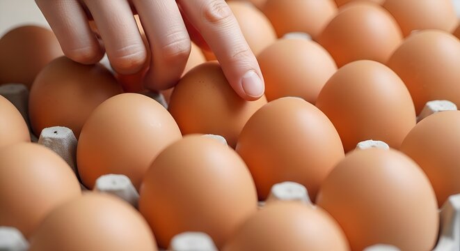 Hand selecting a fresh brown egg from a carton, close-up view