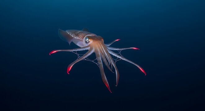 vampire squid hovering in dark ocean water