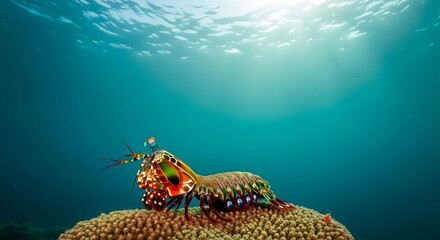 Fototapeta premium mantis shrimp resting on a simple coral surface