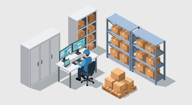 Isometric view of a person managing inventory in a warehouse.