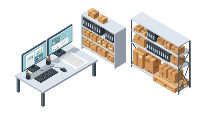Isometric Warehouse Management System with Computers and Shelves.