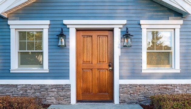 a wooden front door surrounded by windows with white blue and stone siding
