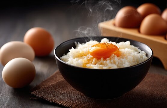 A steaming bowl of Japanese tamago kake gohan (egg rice) with fresh eggs in the background. Ideal for food photography, Asian cuisine blogs, restaurant menus, breakfast recipe visuals.