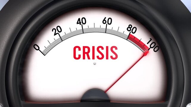Crisis meter that is hitting a full scale, increasing and high levels of crisis, potential overload. Maximum crisis value, off the charts.