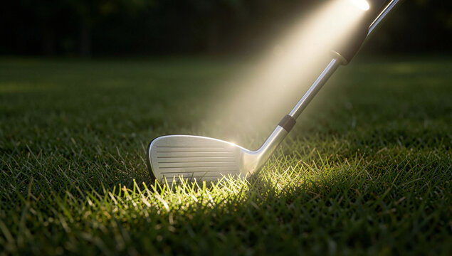 Close-up shot of golf club with grassy background and sunlight shining through.