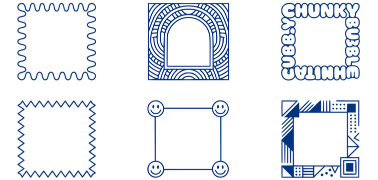 Funky Border Frame Set Wavy Squiggle Retro Groovy Arch Chunky Bubble Zigzag Edge Smiley Face Corner Bold Geometric Memphis Pattern Vector Illustration