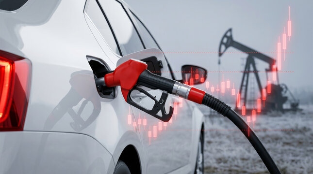 Global economic inflation crisis recession risk fuel pump nozzle refueling car as oil pumpjack and price chart signal market volatility and energy