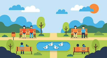 Fototapeta premium People enjoying leisure time in a vibrant park setting with ducks in a pond.