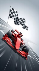 Fototapeta premium Dynamic Red Formula One Race Car Speeding on Curved Track with Checkered Flag, High Motion Blur Racing Concept, Motorsport Victory Finish Line, Fast Competition Automotive Background for Advertising