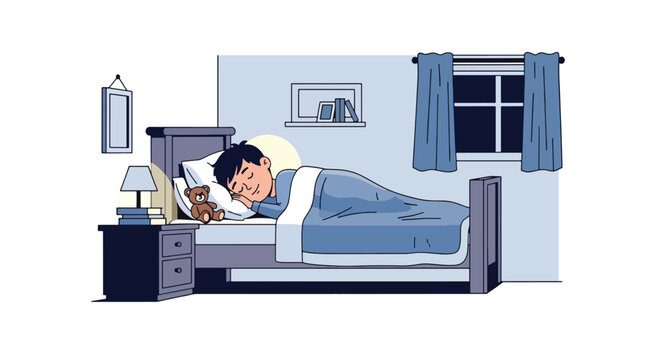 Flat style vector illustration of child sleeping peacefully in bed at night, promoting healthy sleep habits and wellness for kids daily routine care concept